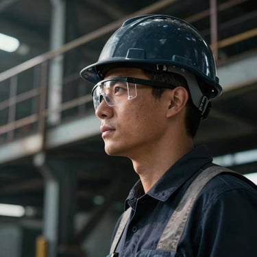 Industrial engineer wearing a dark hardhat and safety glasses, dramatic low-light side profile, steel structure background.