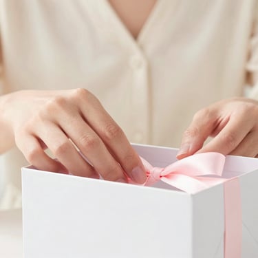 Bright editorial photography, close-up of a woman's hands gently opening a white gift box with soft-focus cream background, warm natural light.
