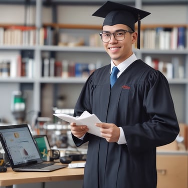 A person wearing a graduation cap and gown is standing confidently in front of a modern building with geometric patterns and a visible sign reading 'BAU'. The background also displays flags and mountains in the distance.