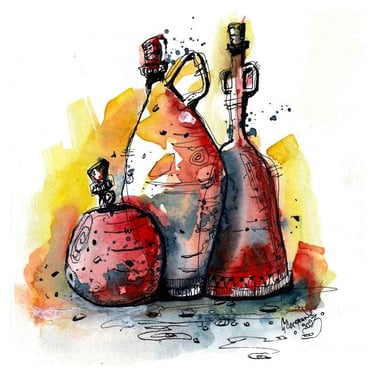 Ink and watercolour sketch of vases
