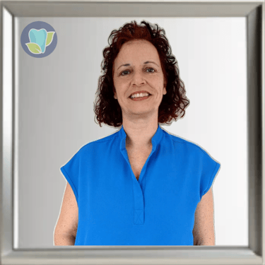 a woman in a blue shirt