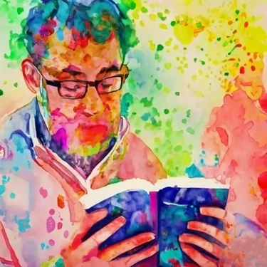 Gen AI watercolor - white man reading book