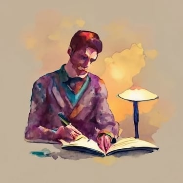 Gen AI watercolor - white man writing a book