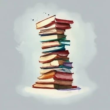 Gen AI watercolor - A high stack of books