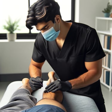 Physiotherapist doing dry needling in a mask and with gloves