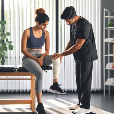 a woman in a sports bra top and a physiotherapist in scrubs
