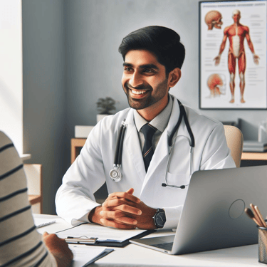 a male doctor smiling in a white lab coat and a male patient