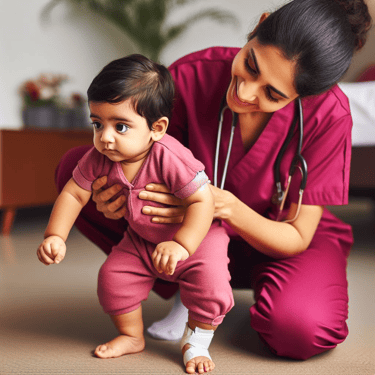 a Female Physiotherapist in scrubs and a stethoscope interacting with a baby