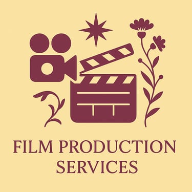 Film production services logo featuring a movie clapperboard, camera, and floral graphics.