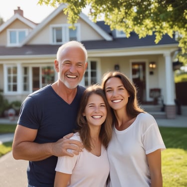 Smiling homeowner with family in front of remodeled house by Garnet Painting & Remodeling GA