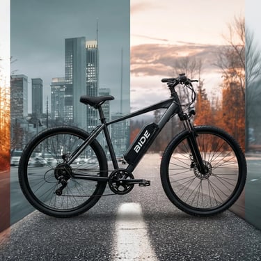 Bicicleta eléctrica frente al skyline urbano al atardecer, fotografía de producto con IA