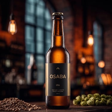 Botella de cerveza artesanal IPA con lúpulo y cebada en ambiente industrial, fotografía de producto con inteligencia A