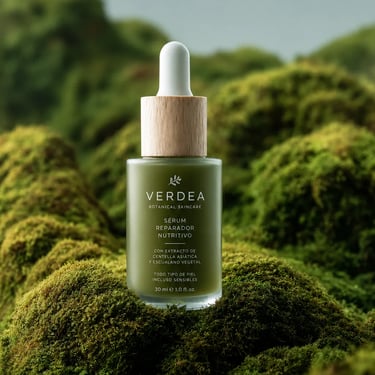 Frasco de cosmético sobre pedestal verde, fotografía de producto minimalista con IA