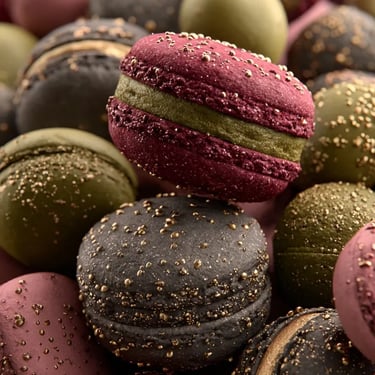 Macarons de colores apilados, fotografía de repostería de producto generada con IA