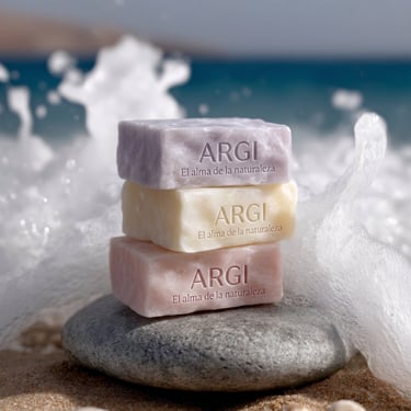 Pastillas de jabón artesanal con espuma sobre piedras, fotografía de producto con IA