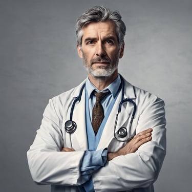 a male doctor in a white coat and tie