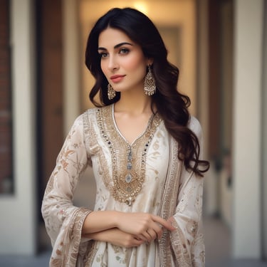a woman in a white dress and jewelry