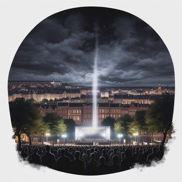 A vibrant night scene with a large electronic music festival stage featuring bright lights, pyrotechnics, and a crowd of people. Flames shoot up from the stage, and beams of colorful lights illuminate the surroundings. The excitement and energy are palpable, conveyed by the cheering audience and dynamic visual effects.