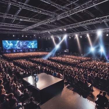 A vibrant night scene with a large electronic music festival stage featuring bright lights, pyrotechnics, and a crowd of people. Flames shoot up from the stage, and beams of colorful lights illuminate the surroundings. The excitement and energy are palpable, conveyed by the cheering audience and dynamic visual effects.
