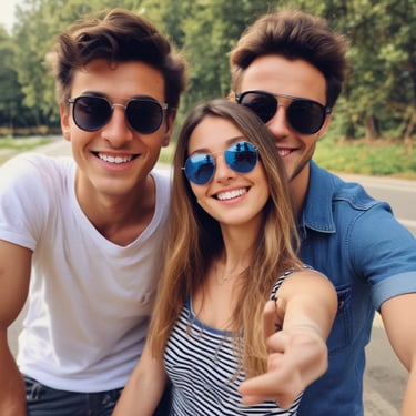 A joyful group of friends posing in a photo booth with props at a wedding celebration.