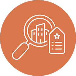 magnifying glass over a simple building silhouette, small shortlist/star tag