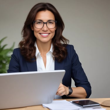 A workspace featuring a whiteboard with a social media content schedule, organized by day and platform, using sticky notes in varying colors. A wooden table holds an open laptop displaying a social media management application, alongside pens and small circular items.