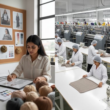 a woman in a factory producing a variety of yarns