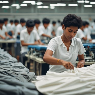 a woman in a factory producing a t - shirt