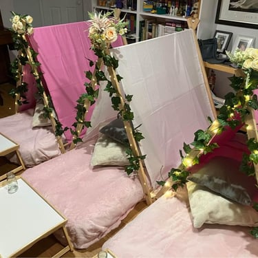 Pink white kids teepee sleepover setup Gold Coast