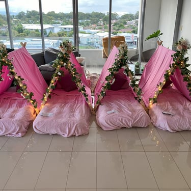 Pink kids teepee sleepover setup Gold Coast