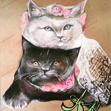 Original painting of cats. black and white cat drawing. Cat art by young artist Angelina.N ArtNess. 16 old artist. Neon Art.