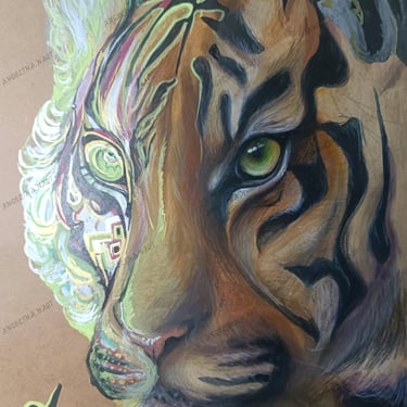 Original Neon fluorescent Tiger artwork. traditional artwork by the artist Angelina.NartNess