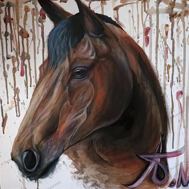 Original realistic brown horse painting. Mixed Media painting. Young artist Horse art. amazing horse painting by A.N ArtNess