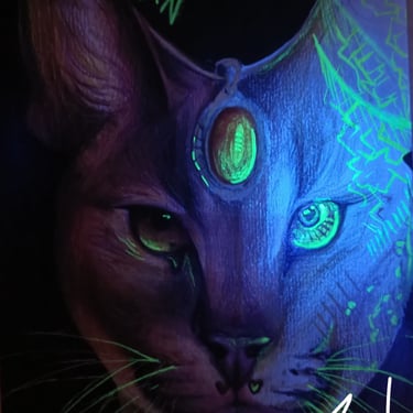 Original Neon fluorescent Caracal artwork. traditional artwork by the artist Angelina.NartNess Artwork under ultraviolet