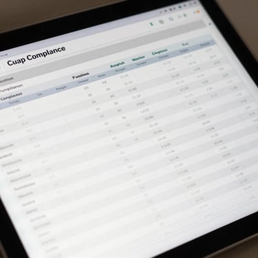 A close-up high-angle shot of a high-end digital interface displaying structured compliance logs and data tables, cool crisp white daylight, clean layout.