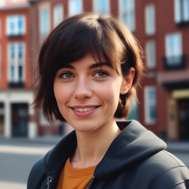 A warm, inviting portrait of a smiling woman in her 30s with soft natural lighting.