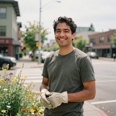 Candid portrait of a male community organizer wearing canvas work gloves and smiling on a sunny Seattle street corner.