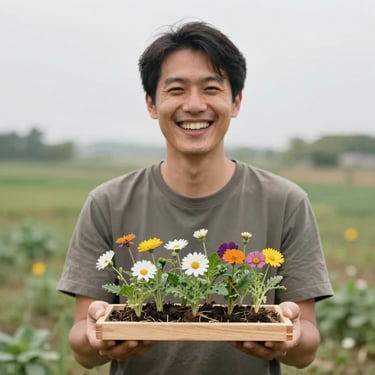 Candid portrait of a friendly volunteer coordinator laughing while holding a wooden flat of wildflower seedlings.