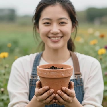 Close-up portrait of a smiling female lead horticulturist with dirt under her fingernails, holding a small terracotta pot under soft natural light.
