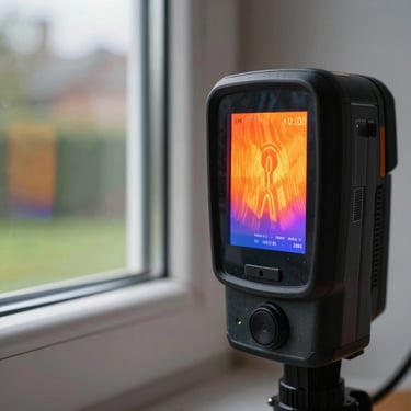 Macro close-up of a digital thermal imaging camera displaying a heat leak around a newly installed double-glazed window frame in an overcast UK climate.