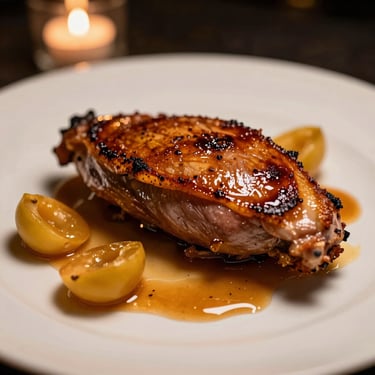 Macro shot of wood-fired duck breast, crisp amber skin, plated with fermented plum reduction, candlelight tones