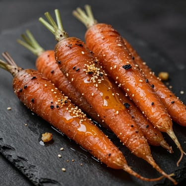 Macro shot of charred heirloom carrots, ginger-scented oil, sesame crumble, dark moody slate background