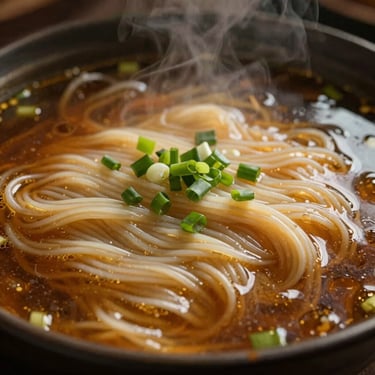 Macro shot of hand-pulled noodles in a clear, golden 36-hour simmered broth, steam rising, scallions on top, low-key lighting