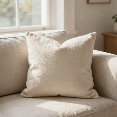 A cozy cream bouclé throw pillow resting on a neutral linen sofa, soft daylight.