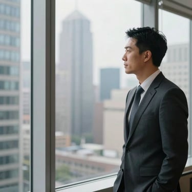 A professional man standing by a window in a high-rise International / Global city office, blurred urban backdrop, soft daylight.