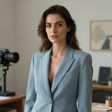 A professional portrait of a woman in an International / Global creative studio setting, looking confident and wearing a muted light blue blazer.