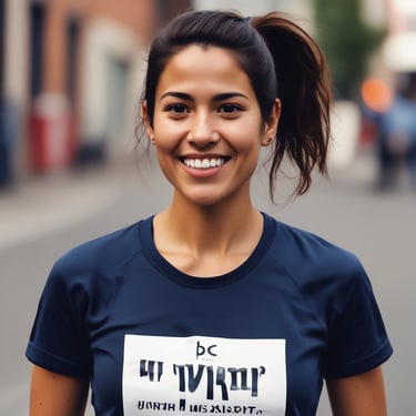 A smiling middle-aged Mexican woman walking outdoors in a sunny park.