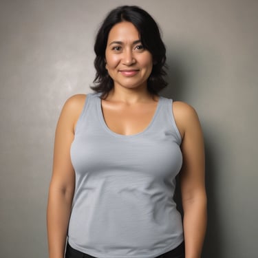 A happy Mexican woman stretching in her living room, with natural light coming through the window.
