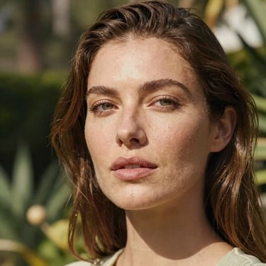 A close-up portrait of a woman with a natural, glowing complexion, looking serene and empowered in a sun-drenched North American / Californian garden setting, sage green and gold tones.