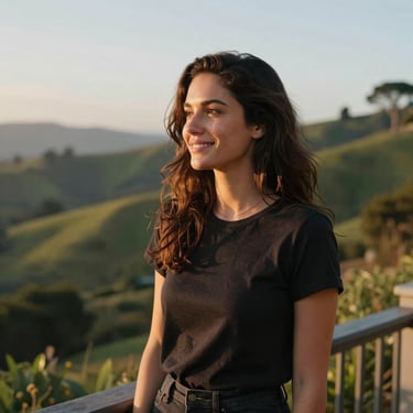 A portrait of a radiant woman smiling thoughtfully, standing on a balcony overlooking a lush North American / Californian hillside during the golden hour.
